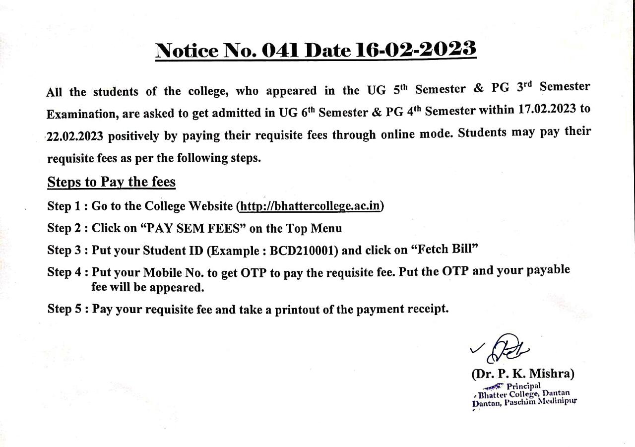 Admission Notification Of UG 6th & PG 4th Semester – Bhatter College ...