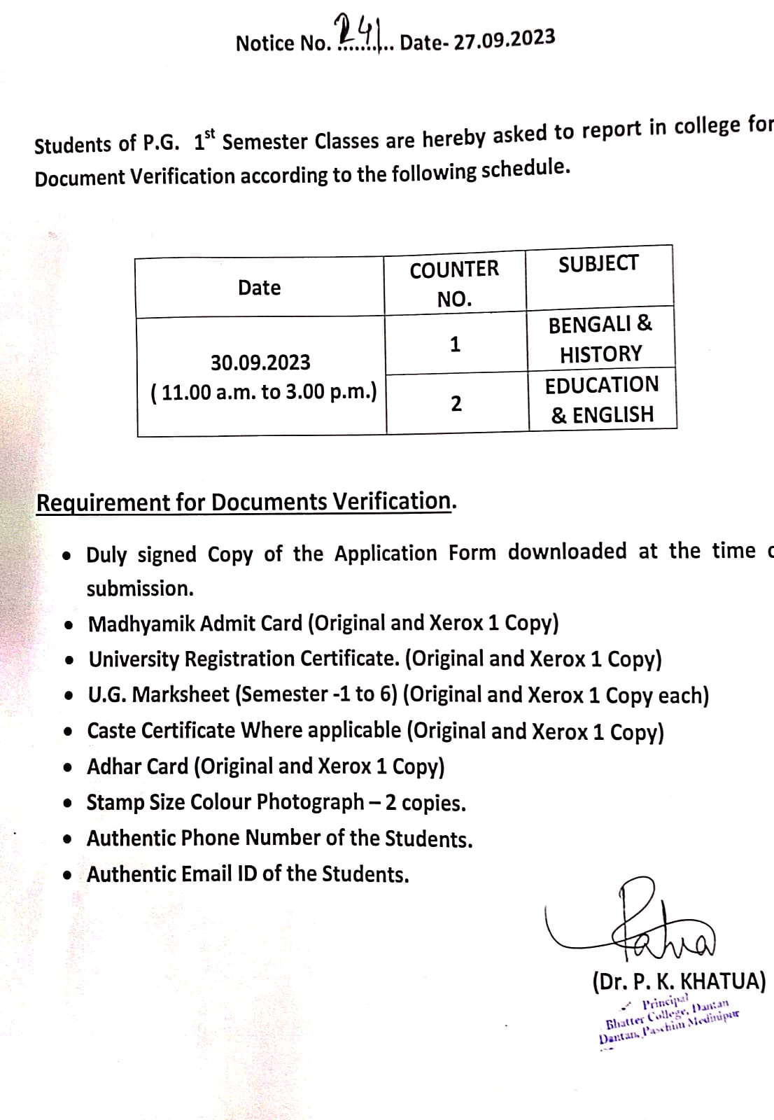 Document Verification Schedule Of PG 1st Semester 2023 – Bhatter ...